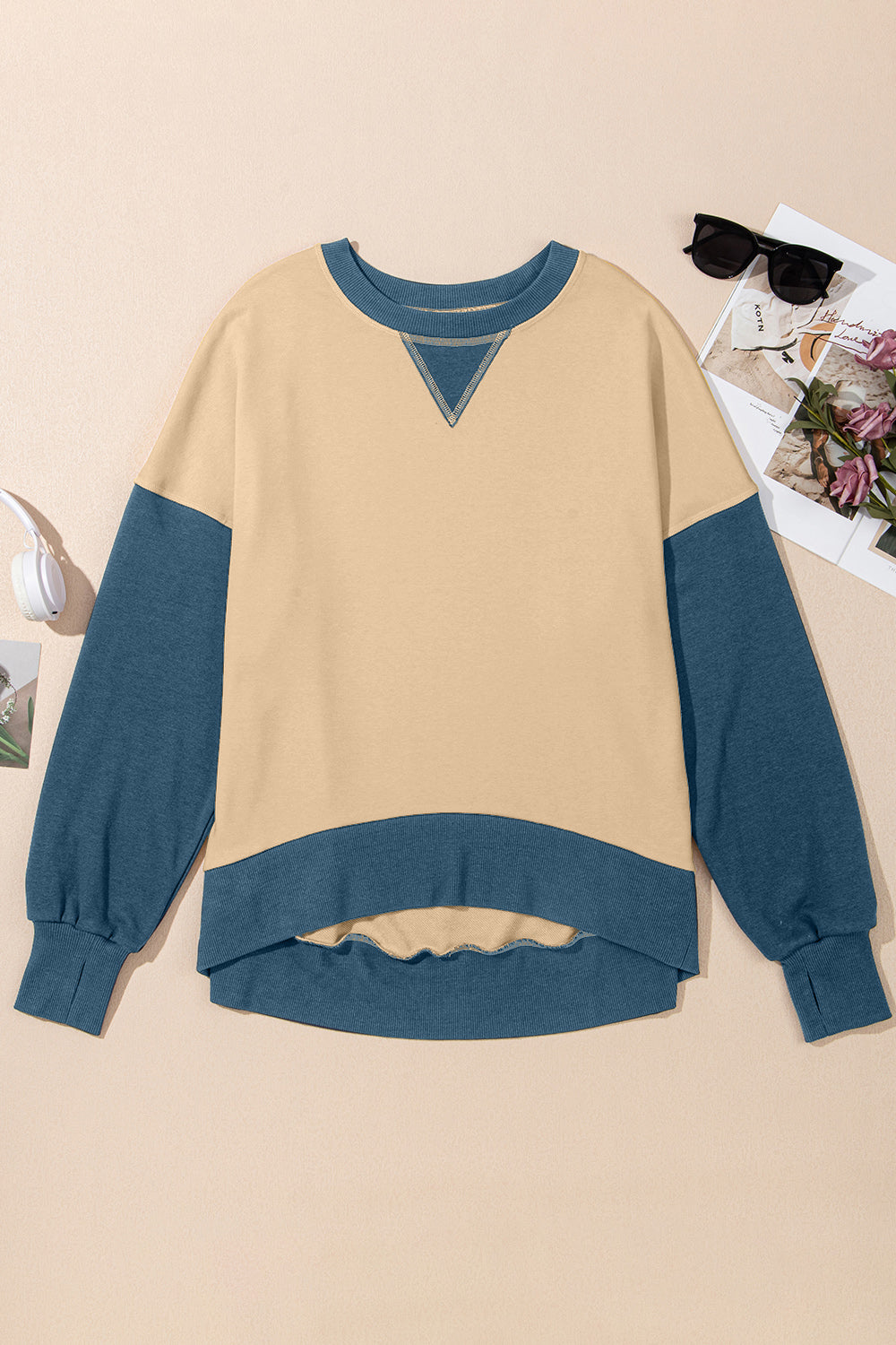 Women's Contrast Crewneck Sweatshirt Tan