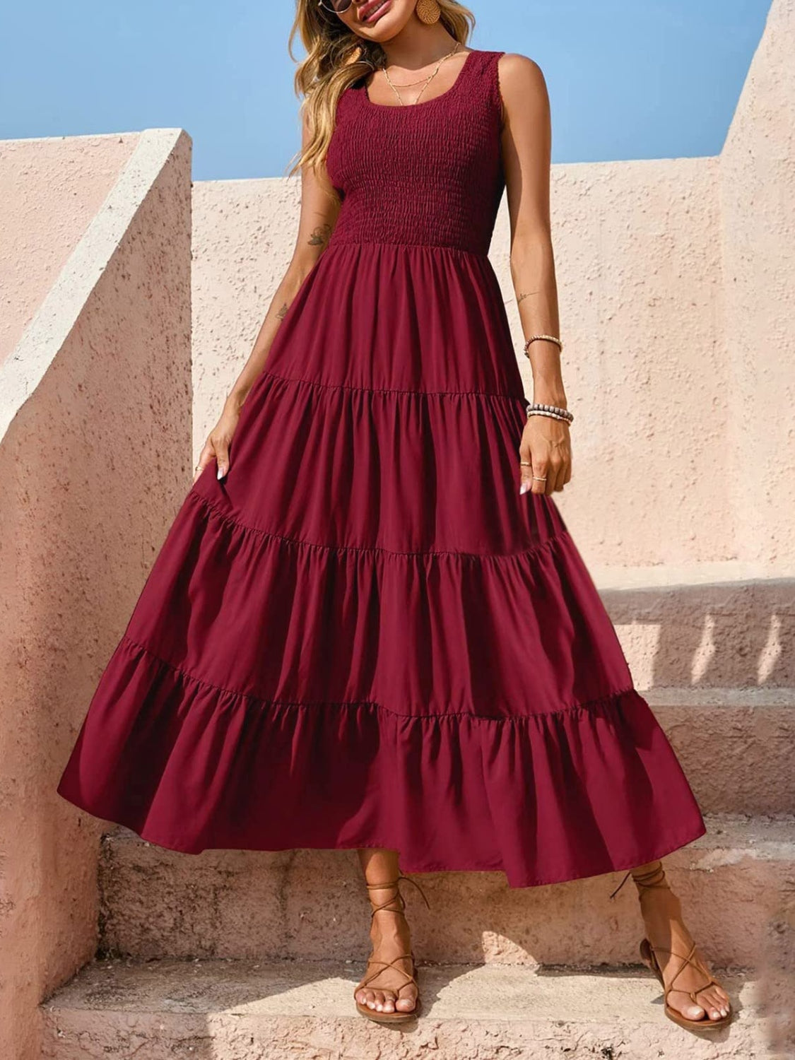 Smocked Tiered Midi Dress with Wide Straps