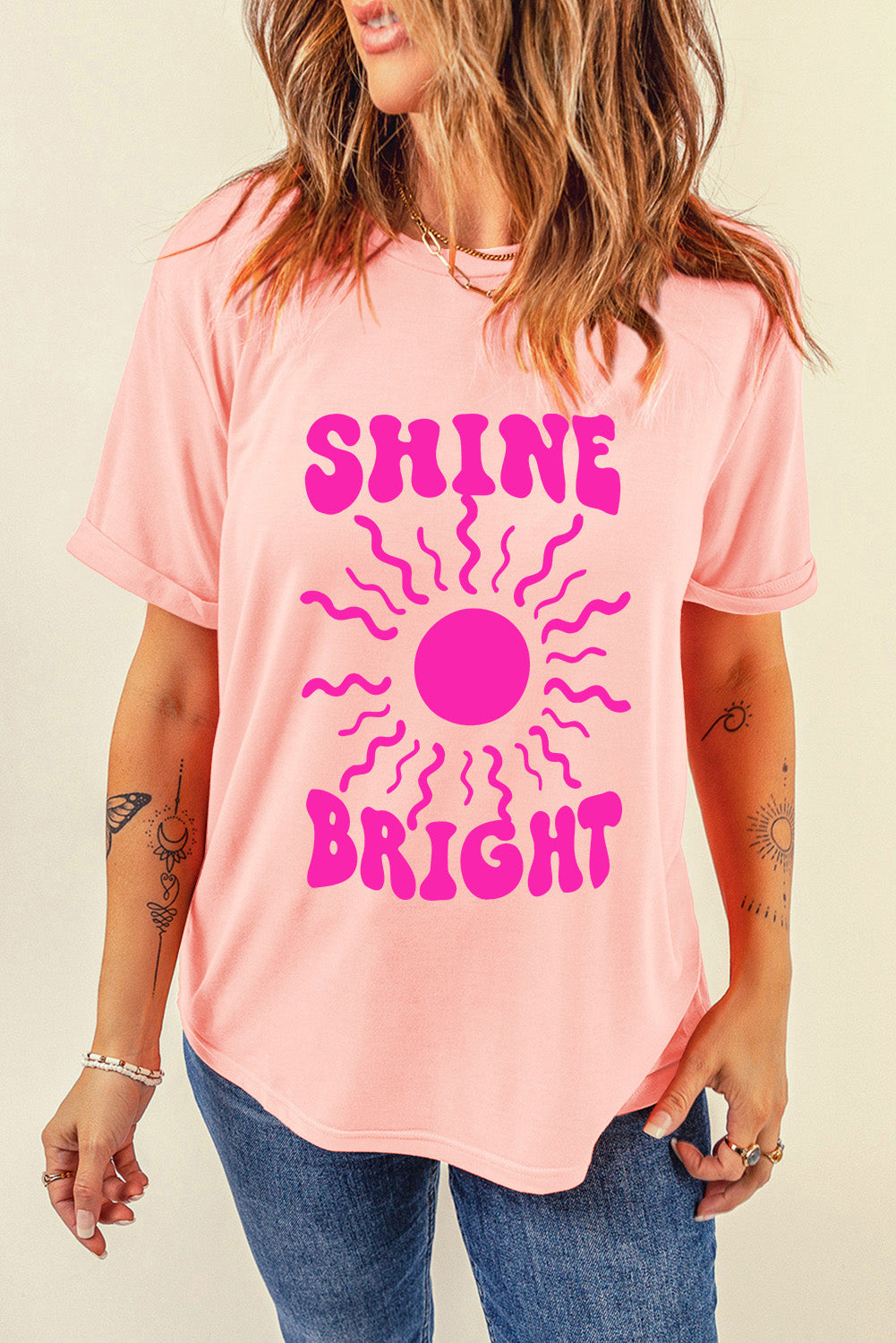 SHINE BRIGHT Round Neck Short Sleeve T-Shirt Watermelon pink