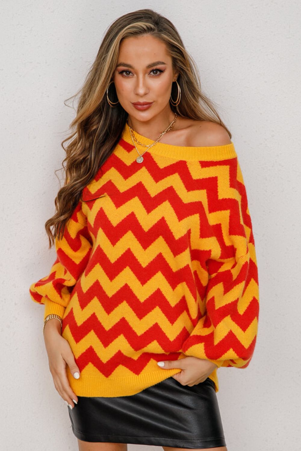 Angel Wings Chevron Lantern Sleeve Tunic Sweater Yellow