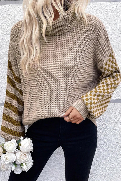 Checkered Striped Turtleneck Long Sleeve Sweater Mocha