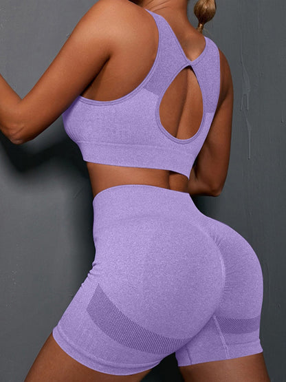 Cutout Scoop Neck Tank and Shorts Active Set Blue Purple