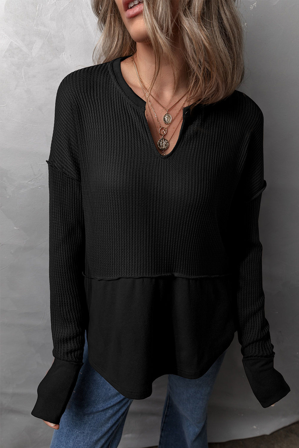 Waffle-Knit Exposed Seam Notched Long Sleeve Top Black