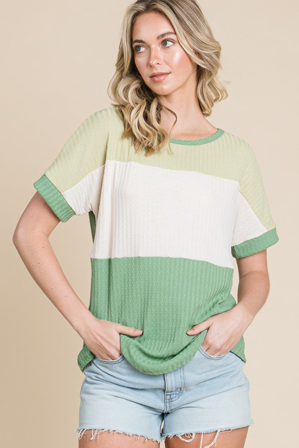 BOMBOM Color Block Short Sleeve T-Shirt Green Multi