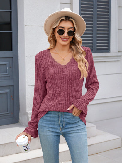 Lace Detail V-Neck Long Sleeve T-Shirt Deep Purple