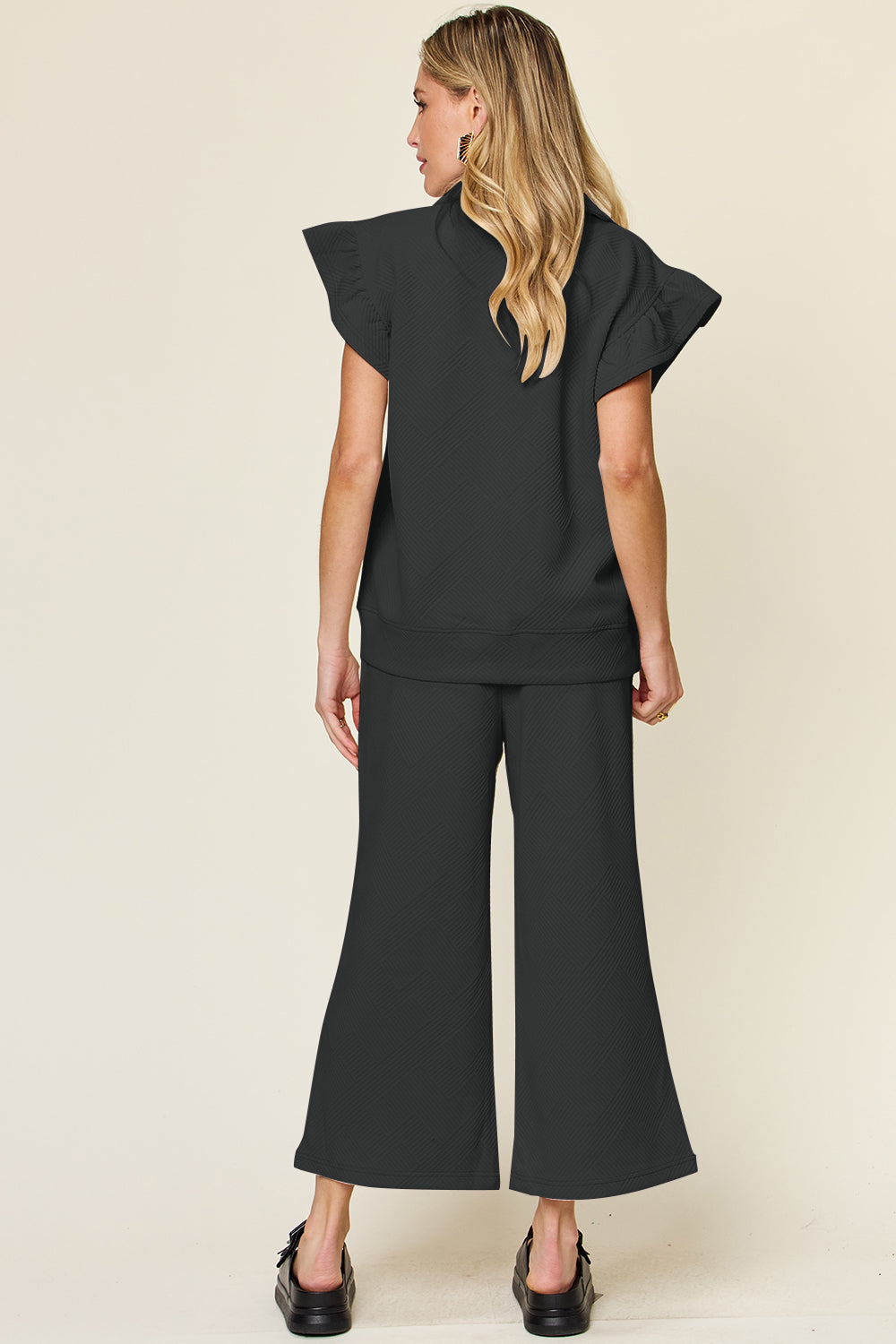 Textured Ruffle Top & Drawstring Wide Leg Pants Set