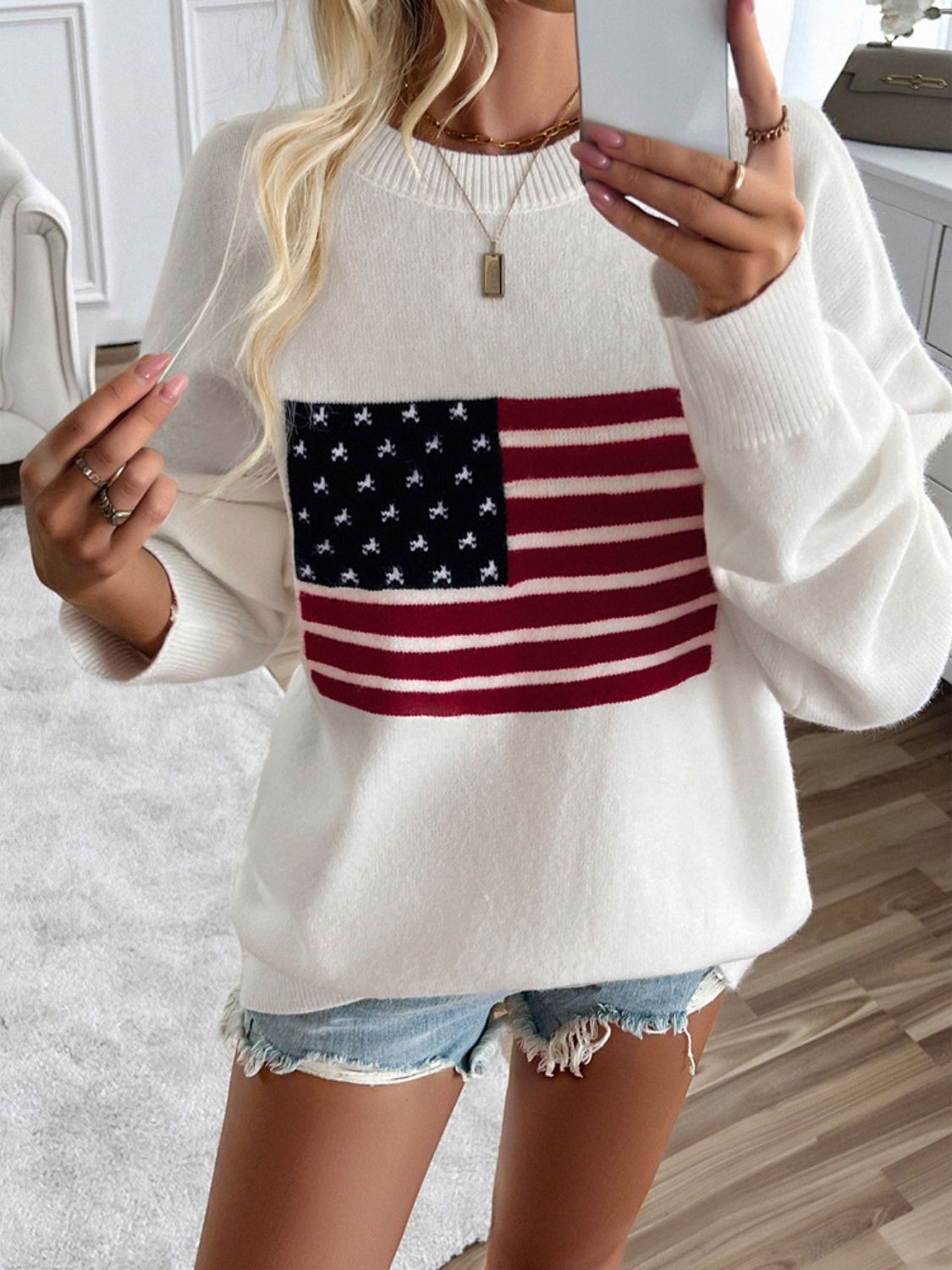 Devine US Flag Round Neck Long Sleeve Knit Top White