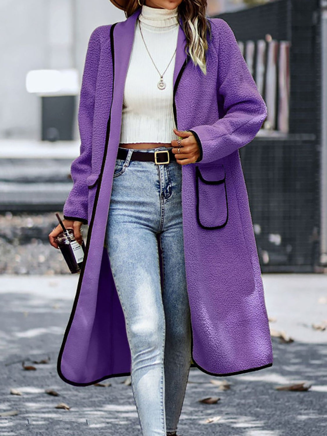 Full Size Contrast Trim Long Sleeve Coat with Pockets Purple