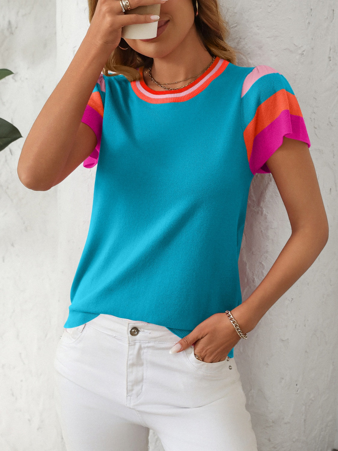 Mandy Contrast Round Neck Short Sleeve Knit Top