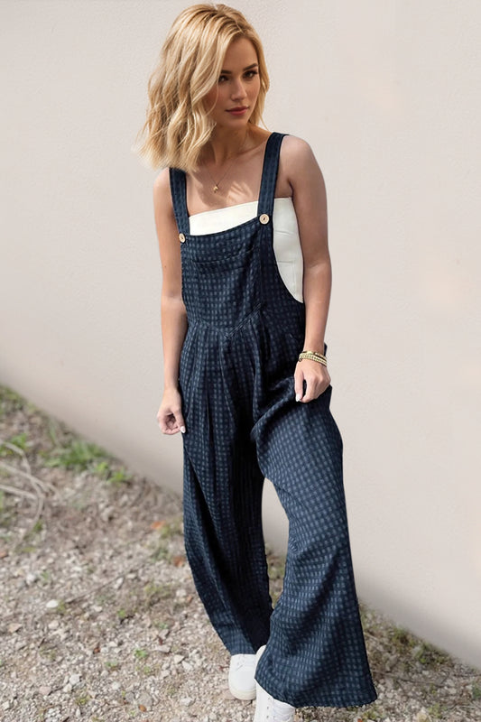 Oh Full Size Plaid Wide Leg Overalls with Pockets Peacock Blue