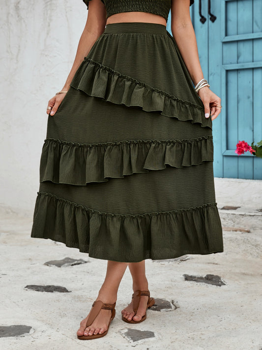 Ruffled Elastic Waist Midi Skirt Dark Green