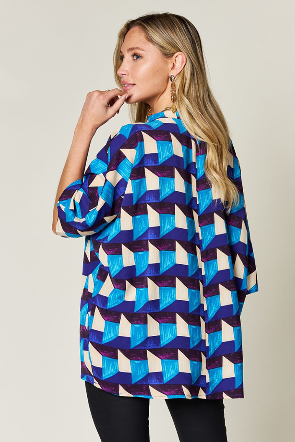 Printed Notched Neck Blouse with Short Sleeves