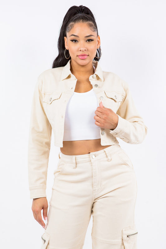 Laced Back Cropped Denim Jacket Ivory