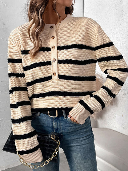 Perfee Striped Half Button Long Sleeve Sweater Tan