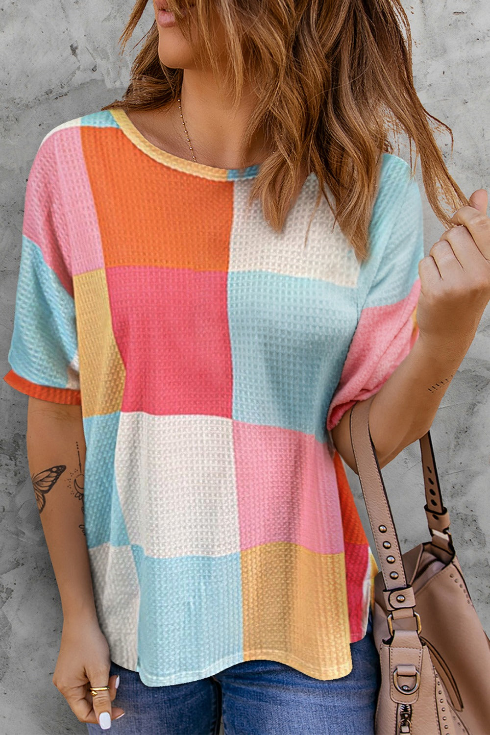 Color Block Round Neck Half Sleeve Top Pink