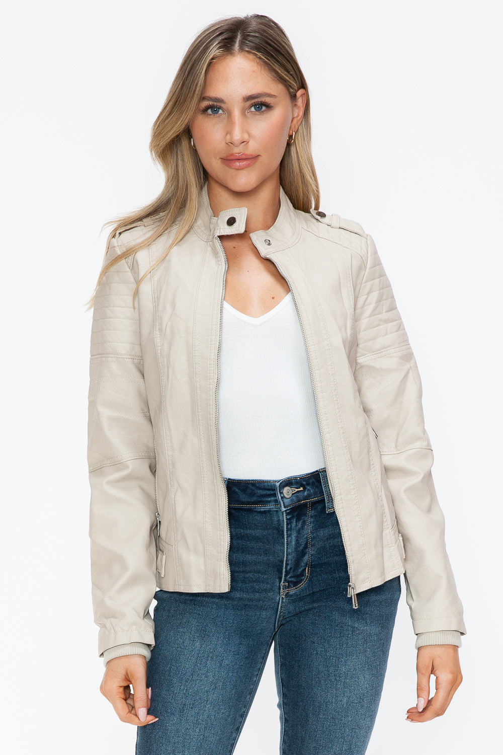 Snobbish PU Leather Biker Jacket with Side Zip Pockets Sand