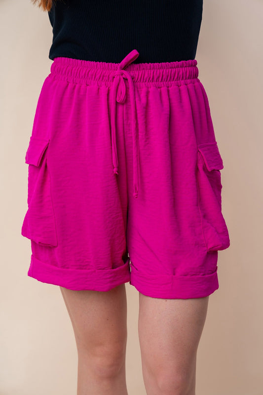 White Birch High Waisted Drawstring Knit Cargo Shorts Fuchsia