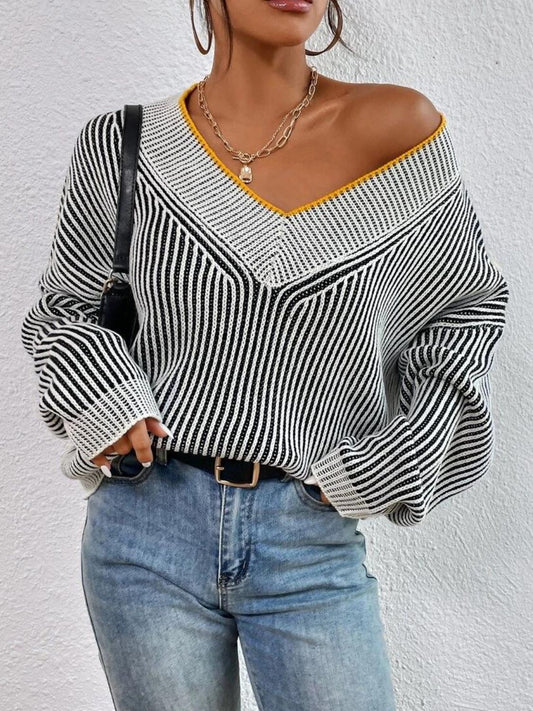 Striped V-Neck Long Sleeve Sweater Black One Size