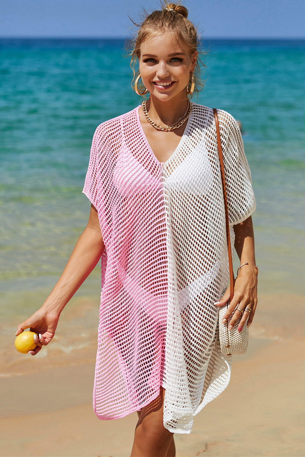 Lightweight Openwork Longline Beach Cover-Up Blush Pink One Size