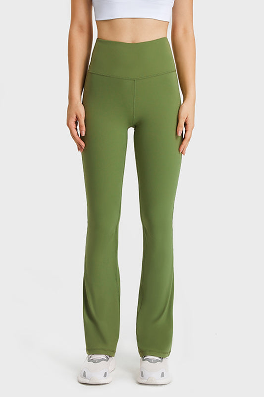 Elastic Waist Flare Yoga Pants Green