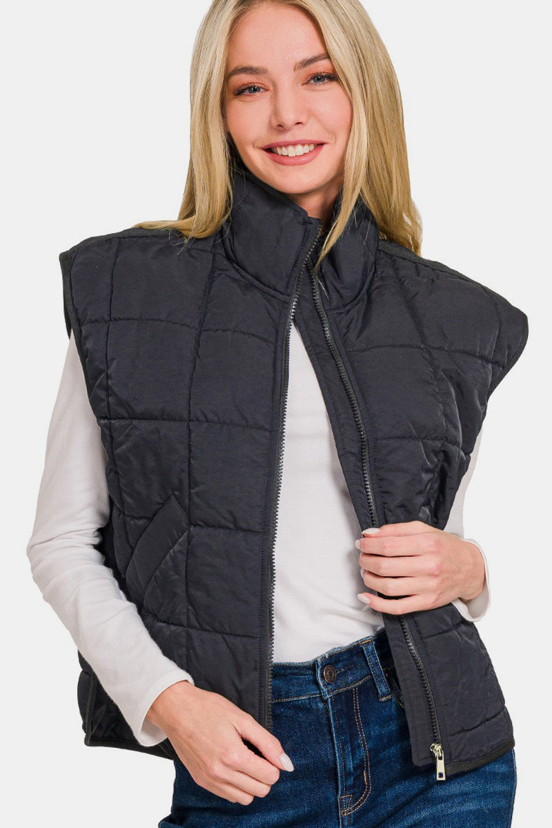 Zenana Zip Up Cropped Puffer Vest with Pockets Black