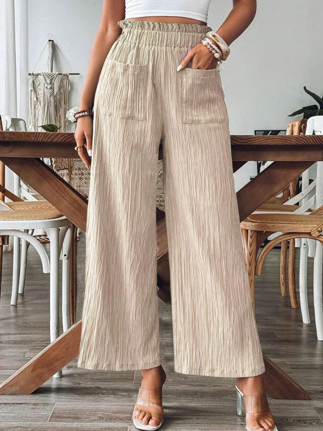 Pocketed Elastic Waist Wide Leg Pants Tan