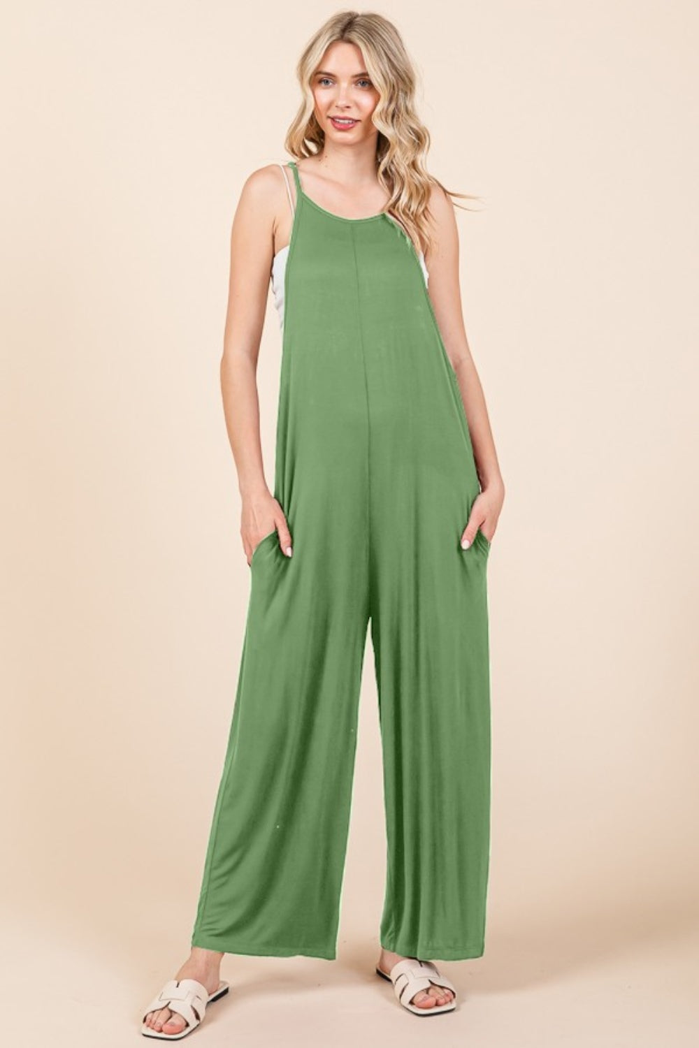 Culture Code Full Size Sleeveless Wide Leg Jumpsuit with Pockets Green Marble