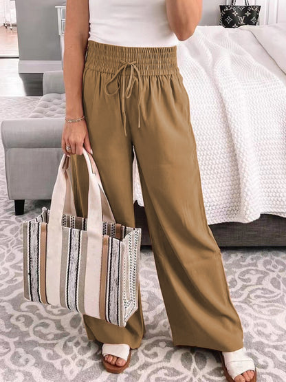 Full Size Drawstring High Waist Wide Leg Pants Camel