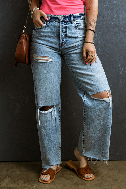 Distressed Raw Hem Straight Jeans Medium