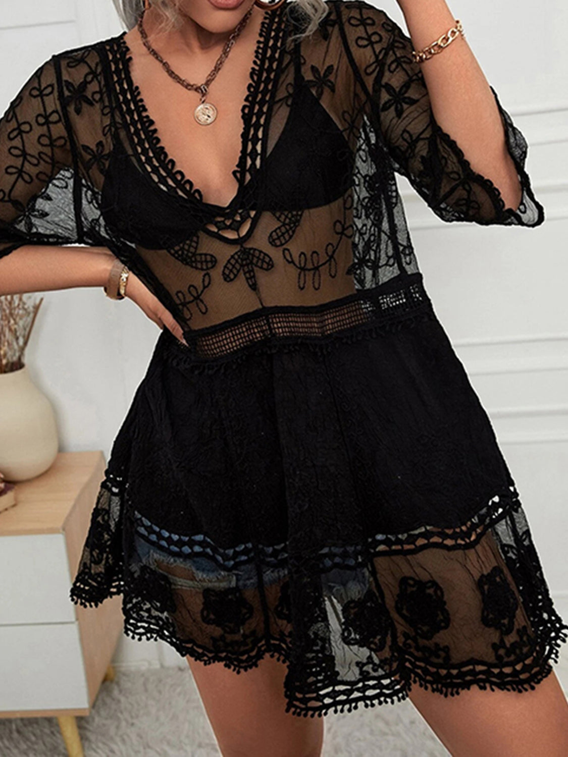 Semi-Sheer Lace Detail Beach Cover-Up Dress Black One Size