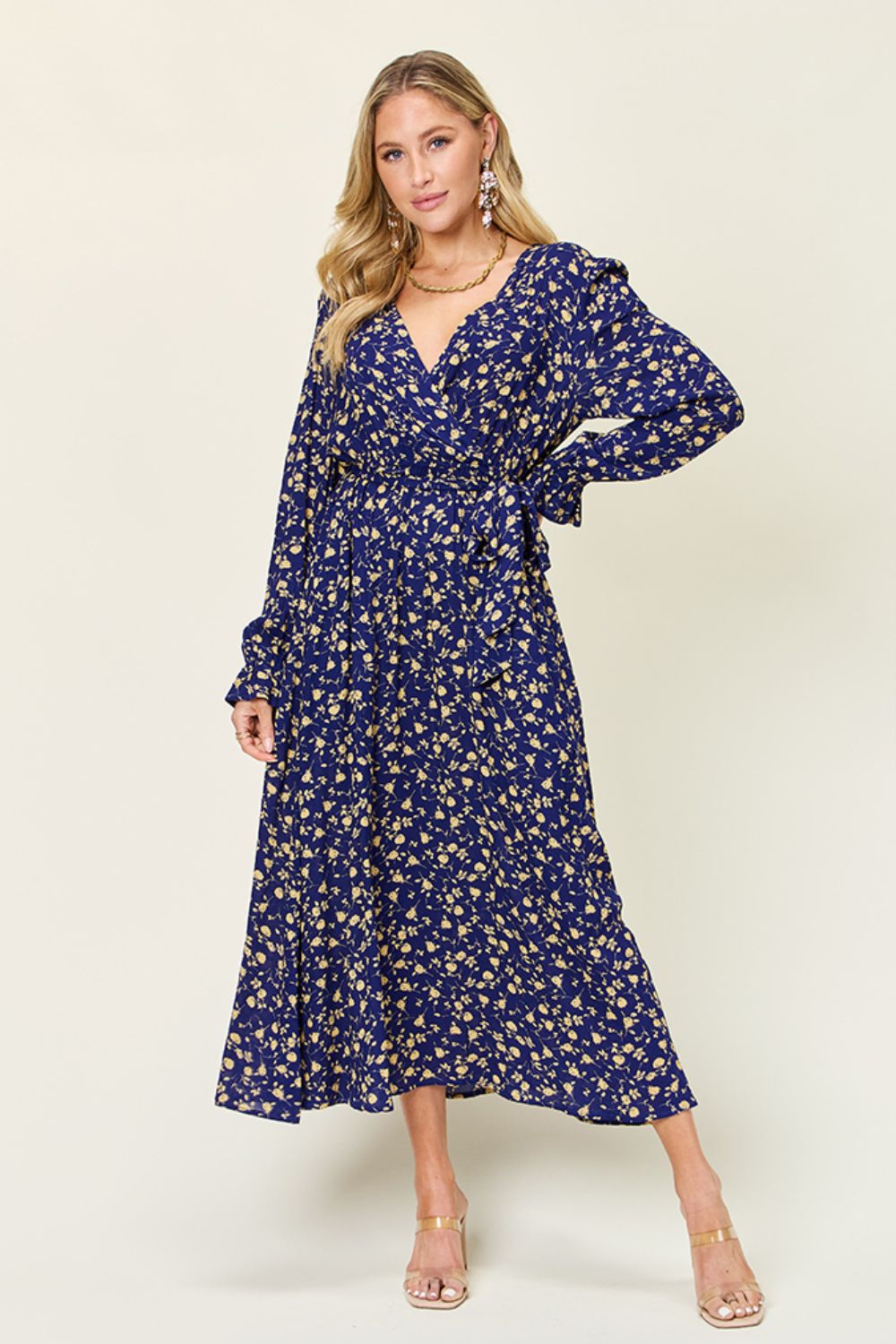 Flowy Tie-Back Flounce Sleeve Dress Navy