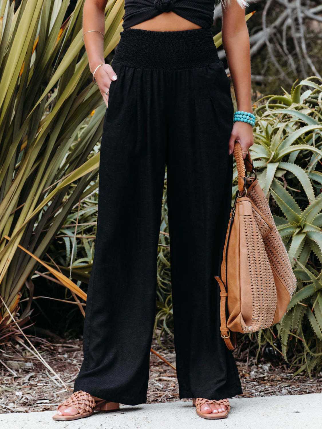 Smocked Waist Wide Leg Pants Black