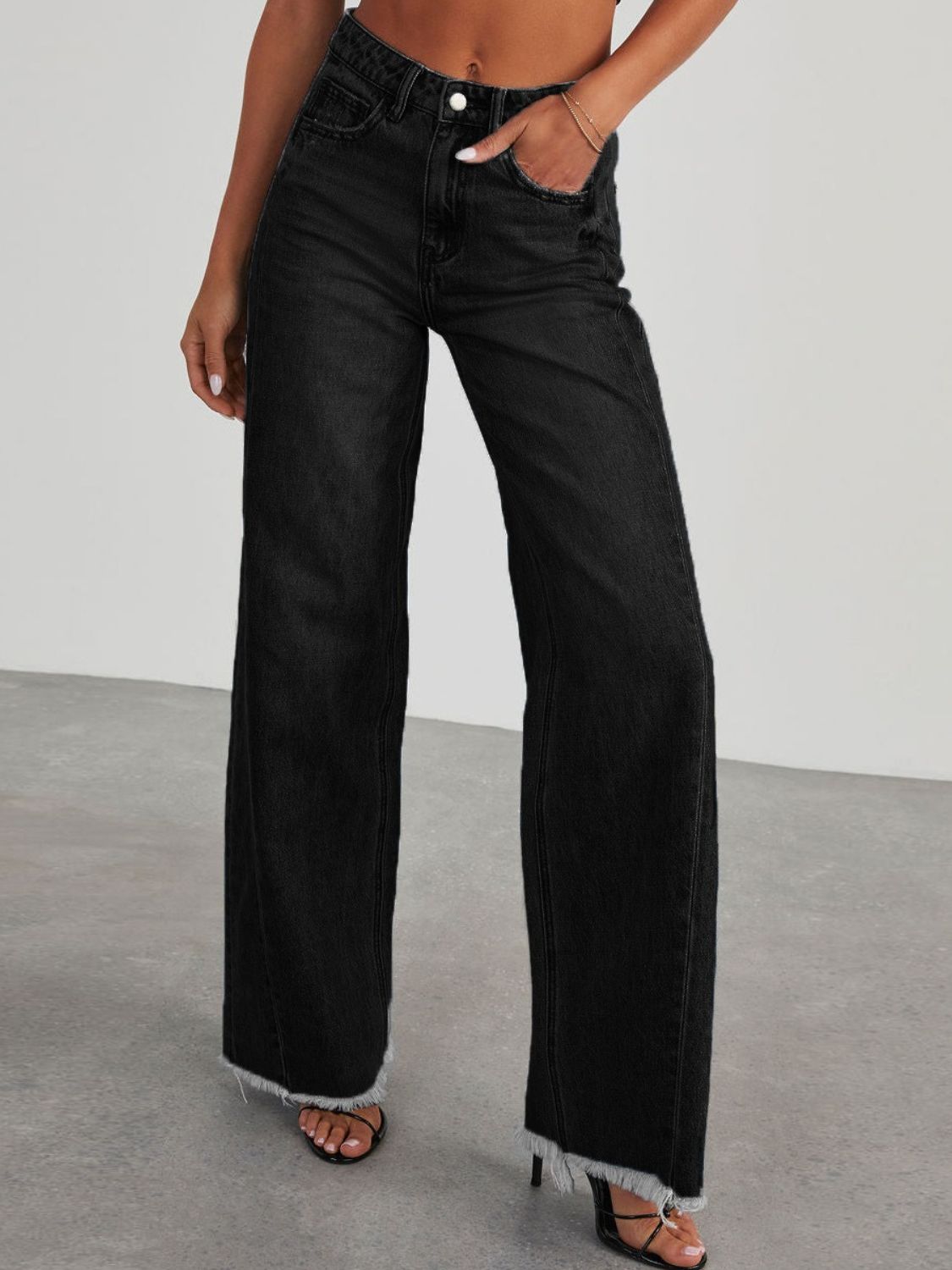 Raw Hem Wide Leg Jeans with Pockets Black