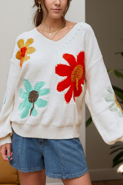 Flower V-Neck Dropped Shoulder Sweater White