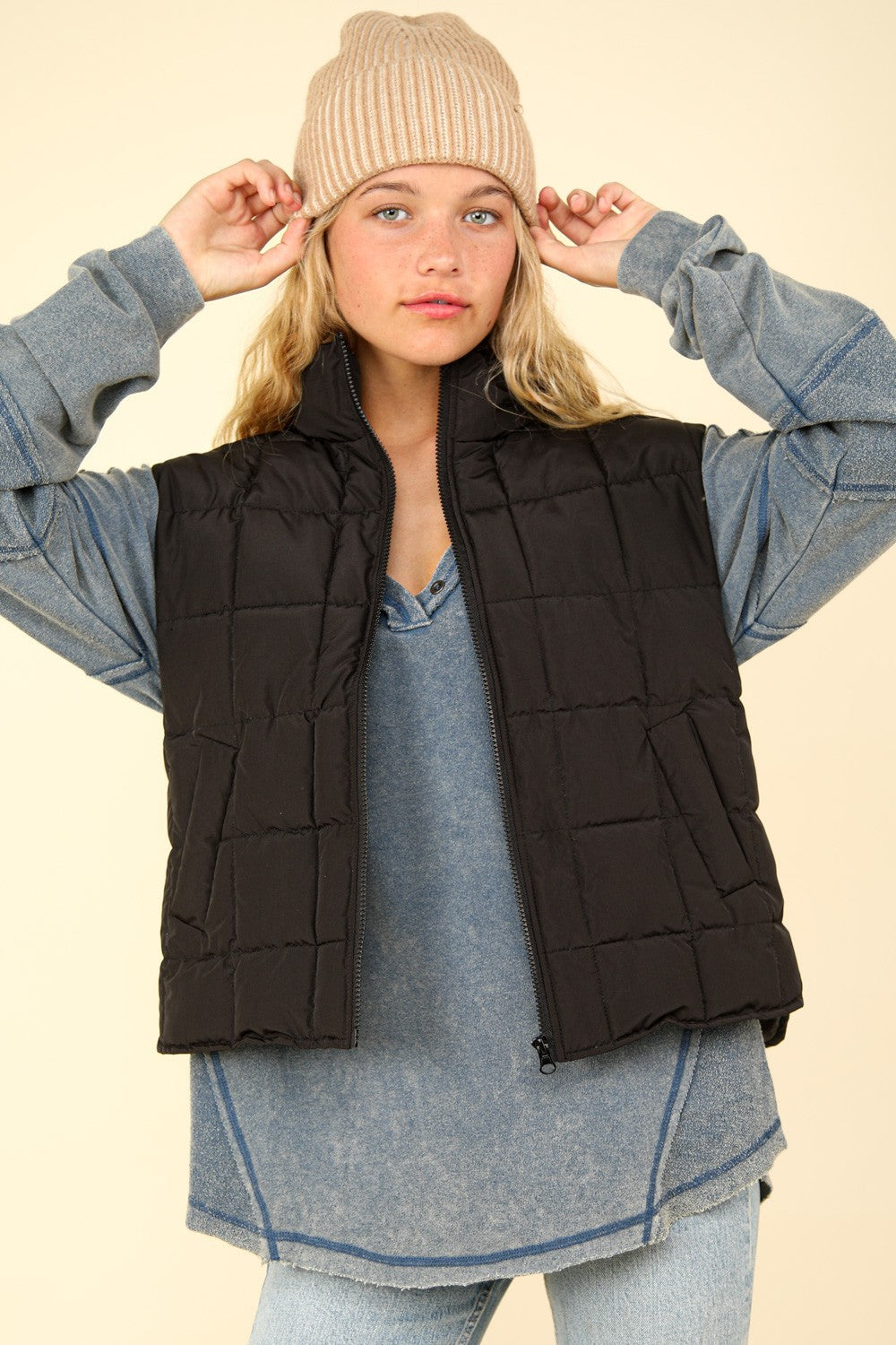 VERY J Zip Up Puffer Padded Warm Vest Black