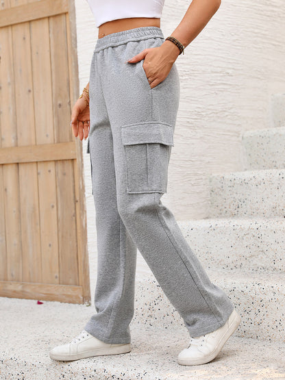 Elastic Waist Pants with Pockets Light Gray