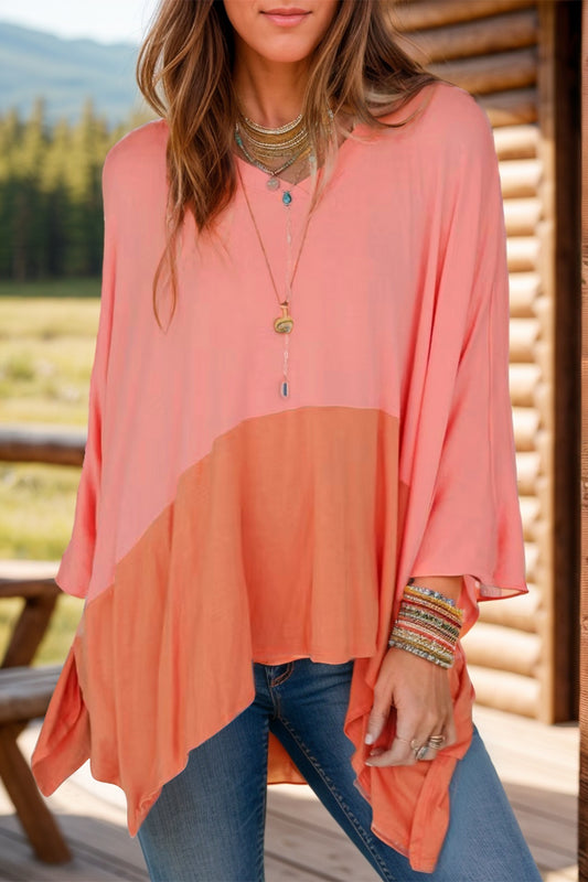 Contrast V-Neck Batwing Sleeve Blouse Sherbet