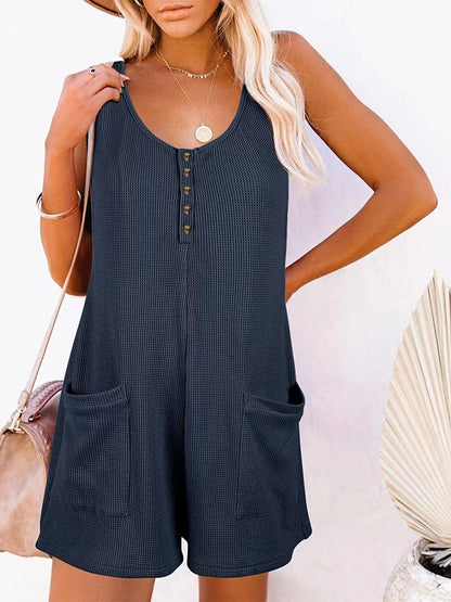 Button Front Sleeveless Romper with Pockets