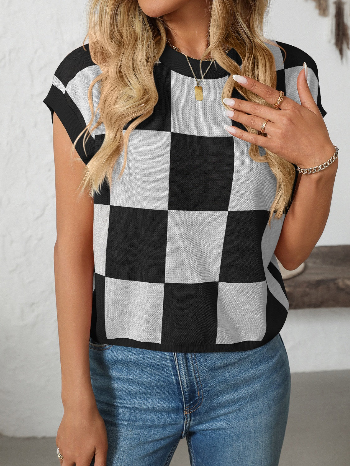 Mandy Checkered Round Neck Cap Sleeve Knit Top