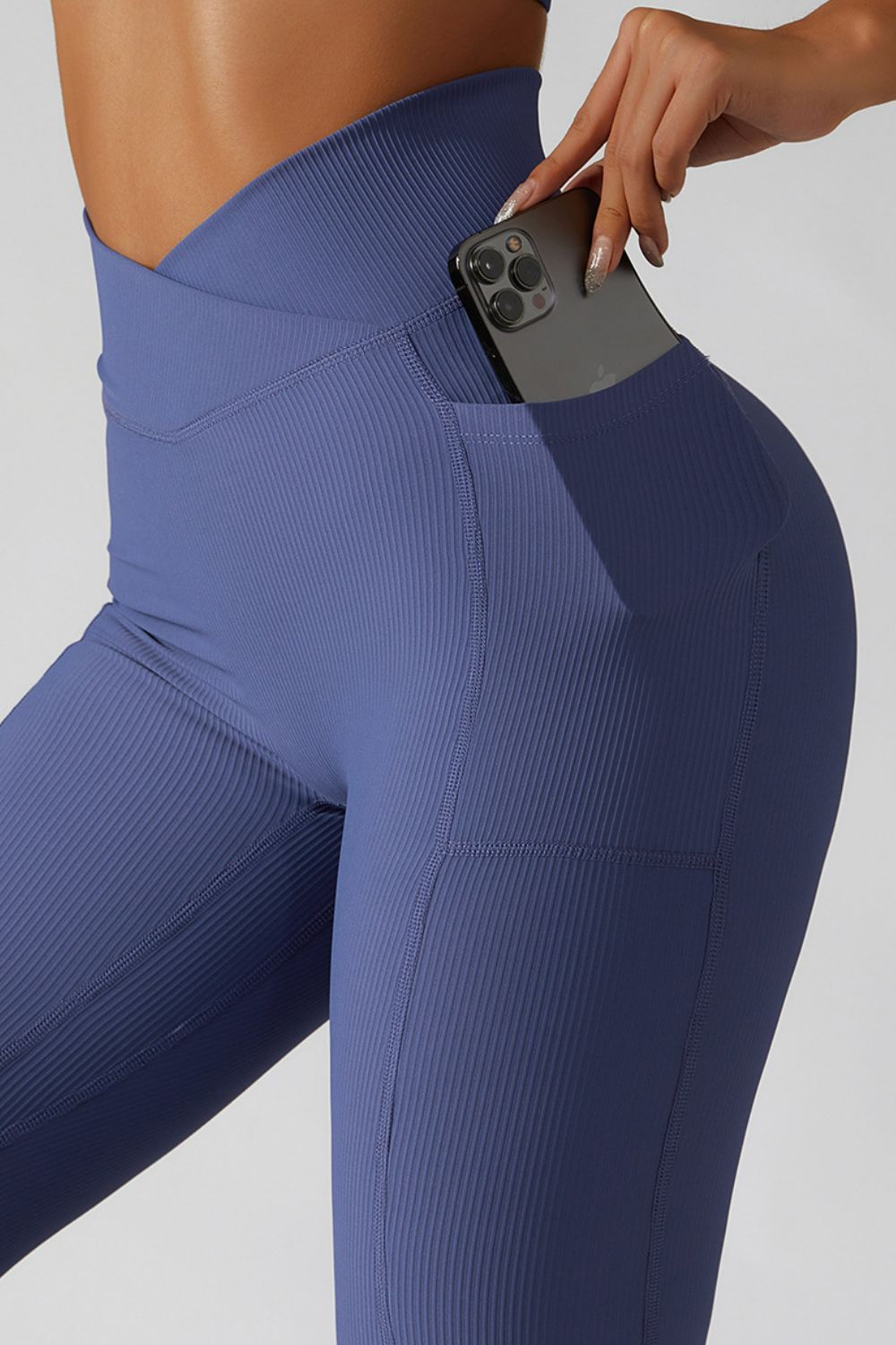 High-Waist Pocket Leggings with Crossover Detail Dusty Blue