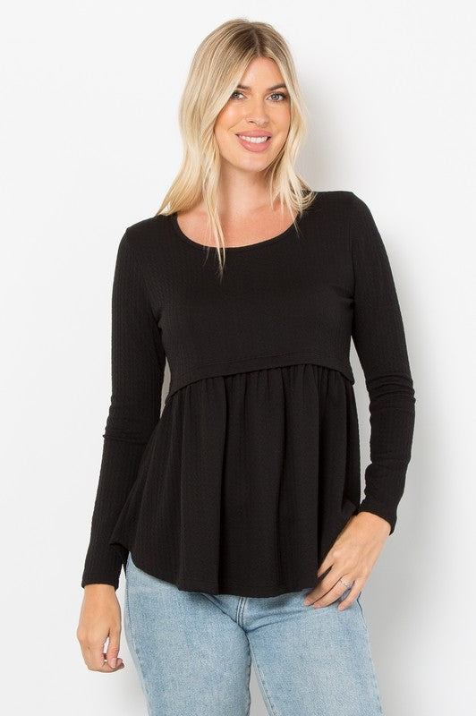 Be Stage Full Size Texture Babydoll Round Neck Long Sleeve Knit Top Black