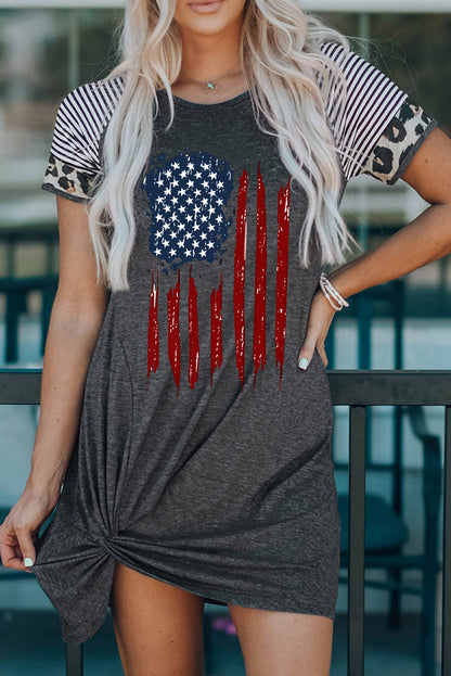 US Flag Graphic Twisted Raglan Sleeve Dress Dark Gray