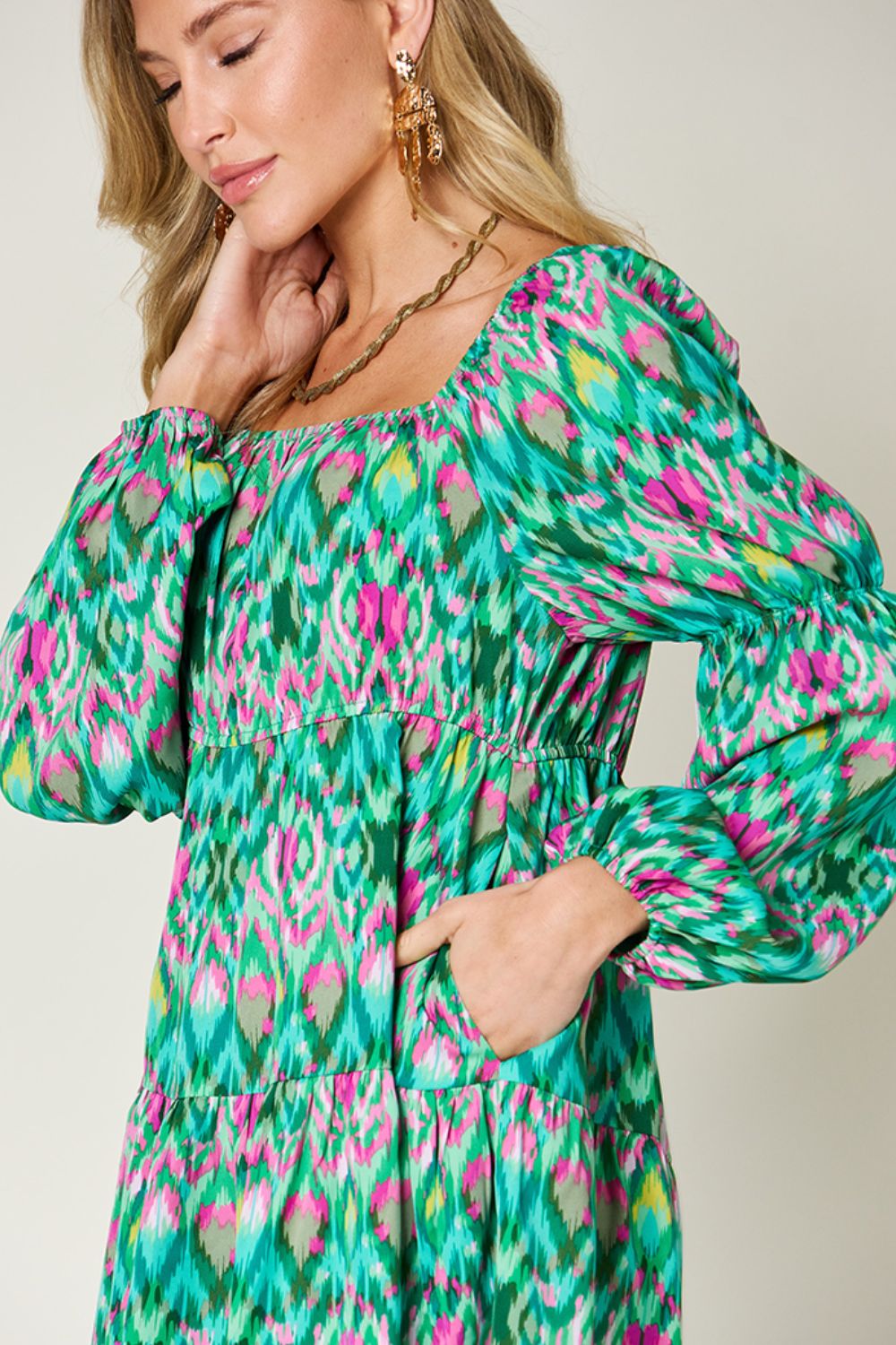 Printed Long Sleeve Smocked Dress