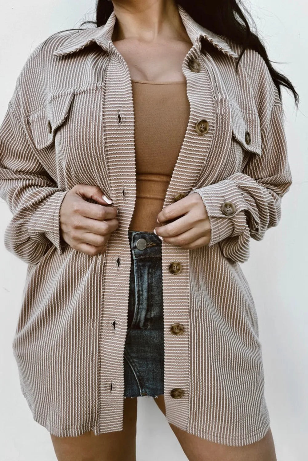 Plus Size Plaid Button-Up Jacket Mocha