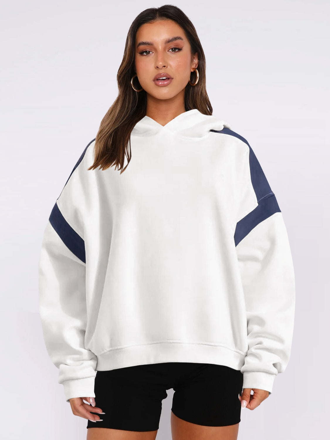 Contrast Dropped Shoulder Long Sleeve Hoodie White