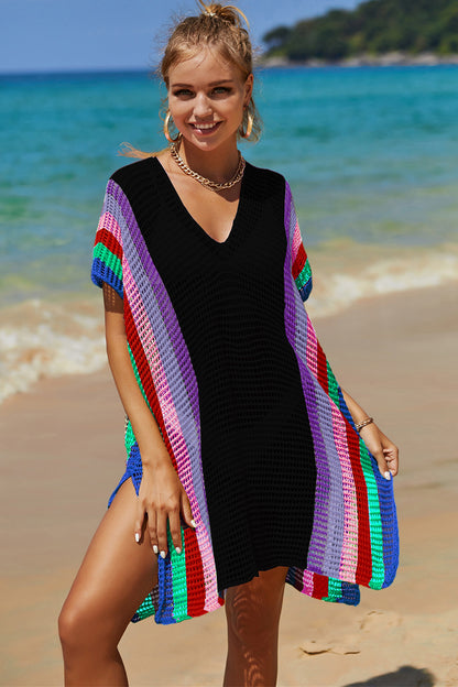 Lightweight Openwork Striped Knit Beach Cover-Up