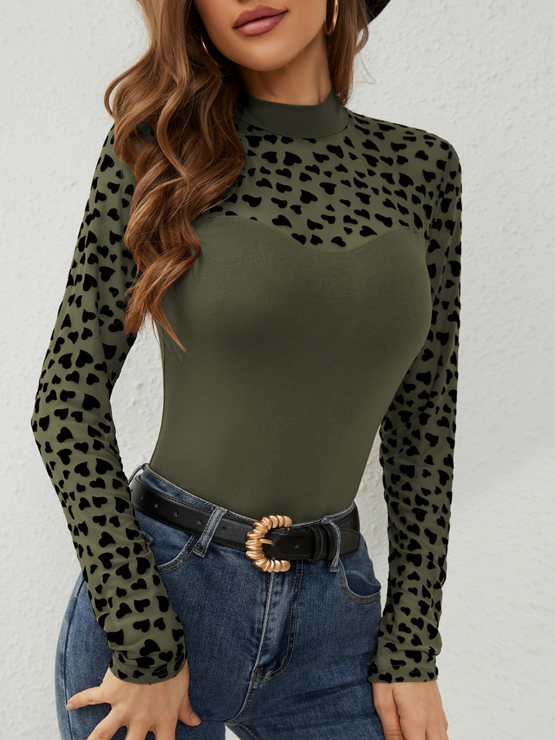 Heart Mock Neck Long Sleeve T-Shirt Moss