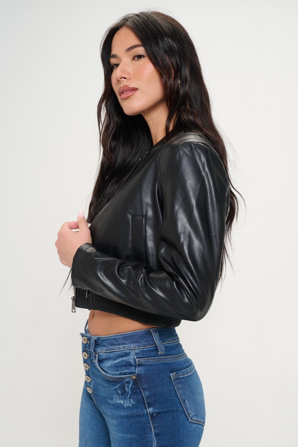 Vegan Leather Cropped Bomber Jacket