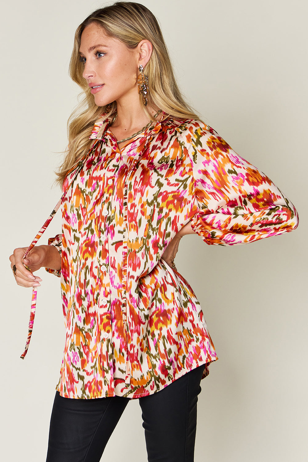 Printed Long Sleeve Button-Down Top