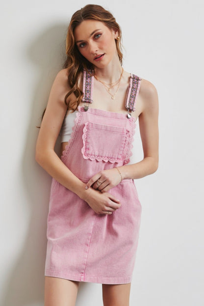 HEYSON Lace Trim Washed Overall Dress Washed Pink